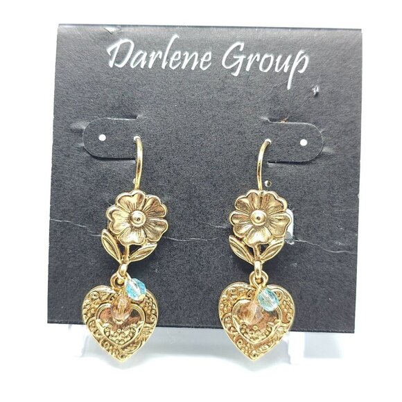 Gold Tone Heart Flower Blue Crystal Dangle Earrings By Darlene Group - Picture 1 of 4